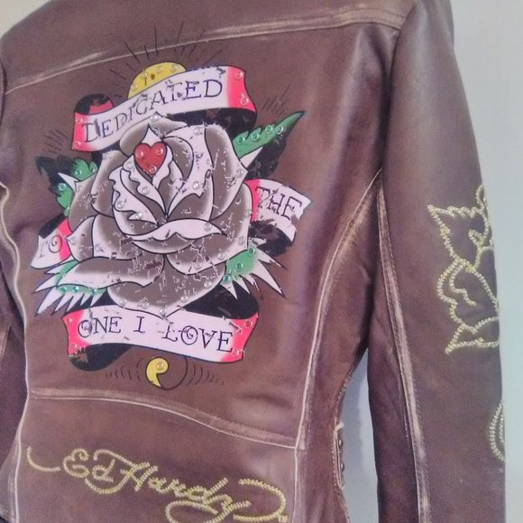 Ed Hardy Brown Leather Jacket Sz XSmall Crossover Biker Style NWT - Picture 2 of 13